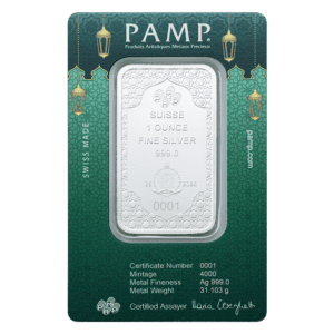 PAMP Suisse Eid Mubarak 1 oz 999 silver bar sealed in CertiPAMP assay packaging