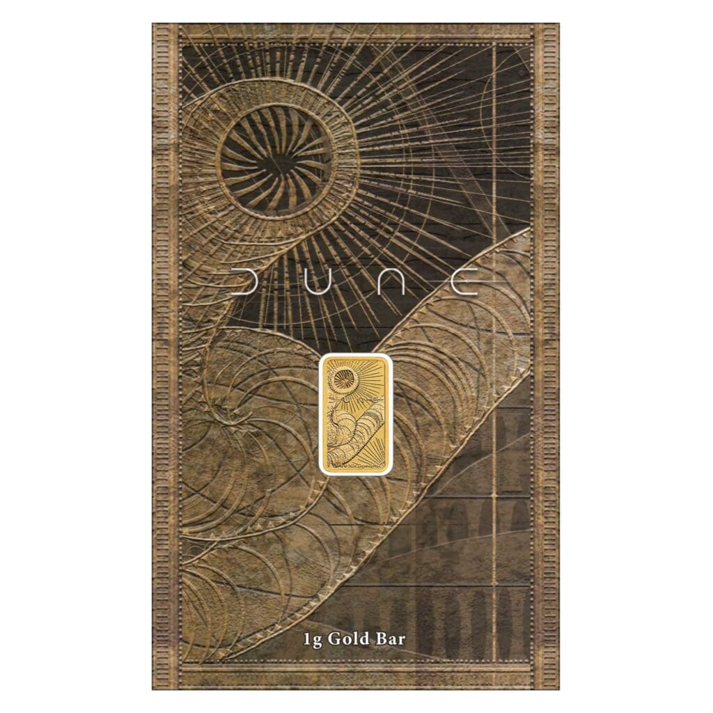 Perth Mint Dune 1g 999.9 gold bar in themed assay packaging with sandworm design