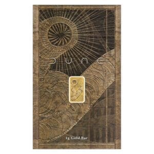 Perth Mint Dune 1g 999.9 gold bar in themed assay packaging with sandworm design