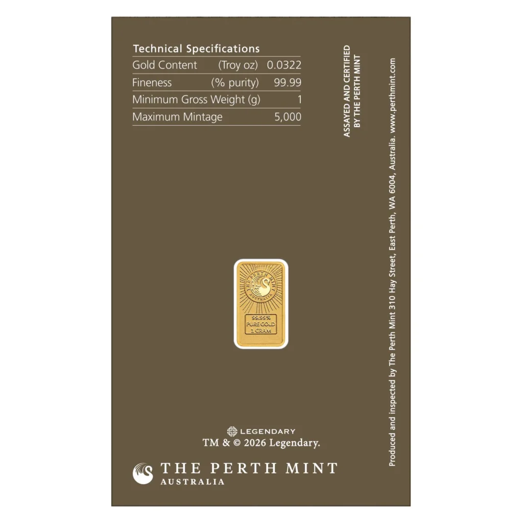 Perth Mint Dune 1g 999.9 gold bar in themed assay packaging with sandworm design