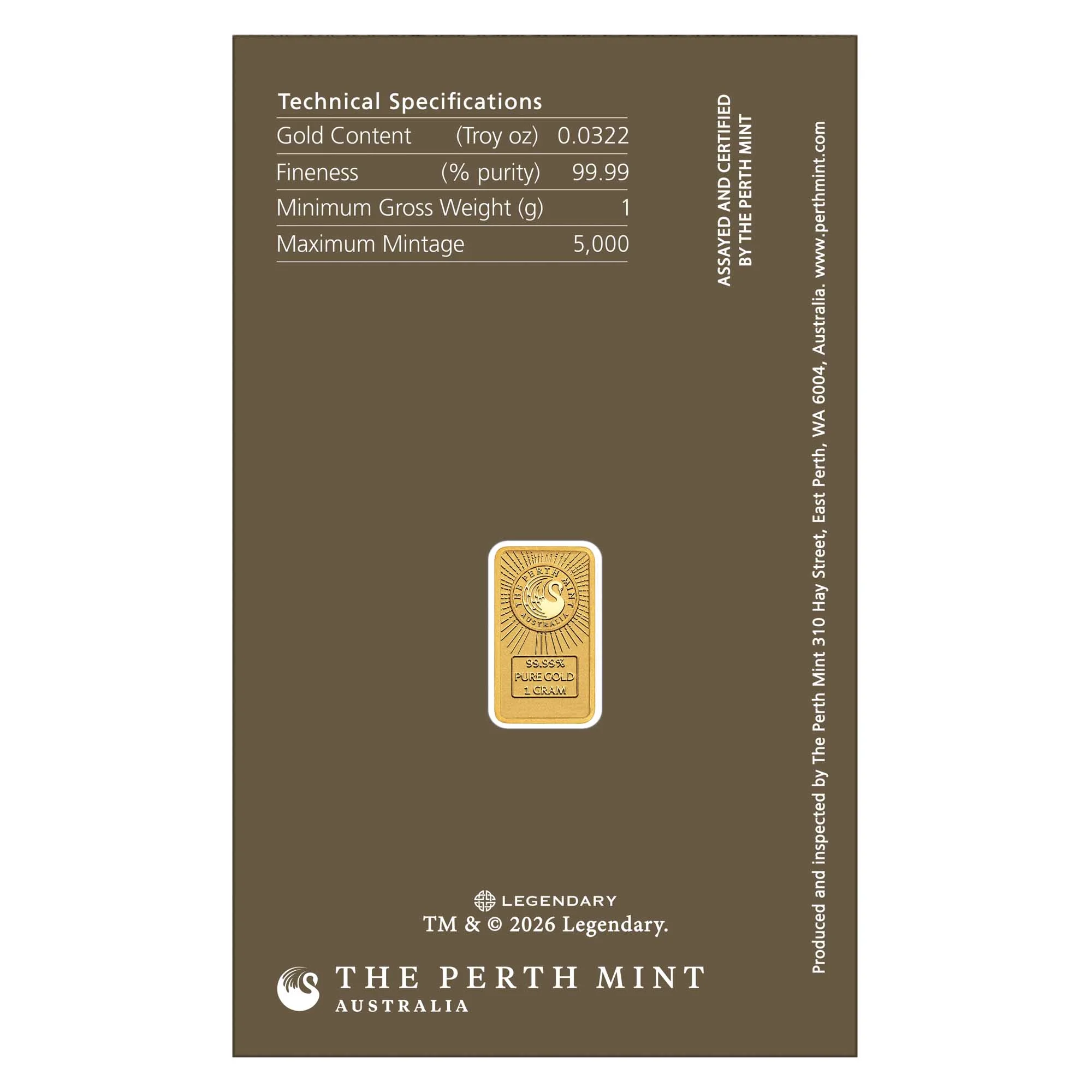 Perth Mint Dune 1g 999.9 gold bar in themed assay packaging with sandworm design