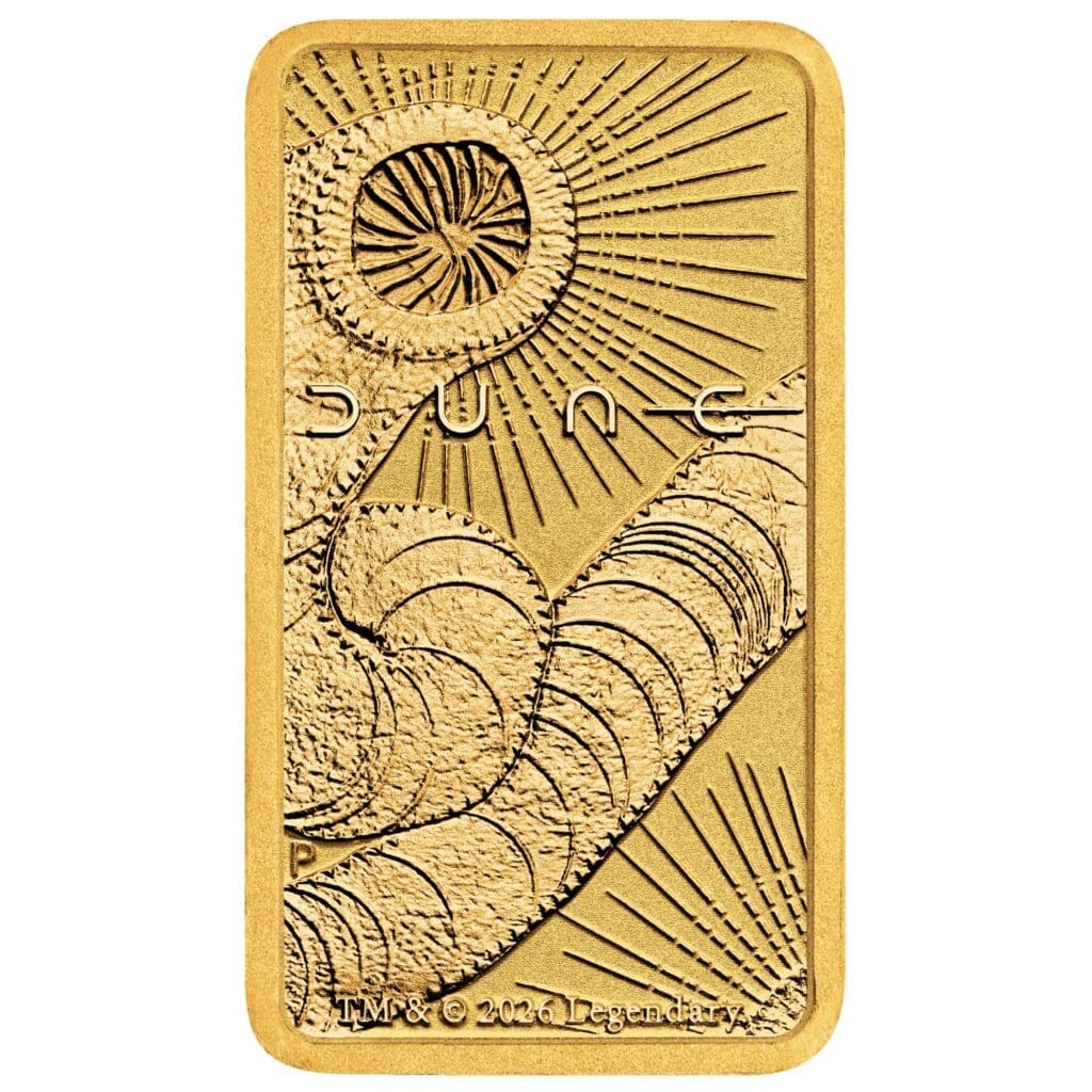 Perth Mint Dune 1g 999.9 gold bar in themed assay packaging with sandworm design