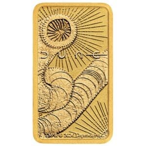 Perth Mint Dune 1g 999.9 gold bar in themed assay packaging with sandworm design