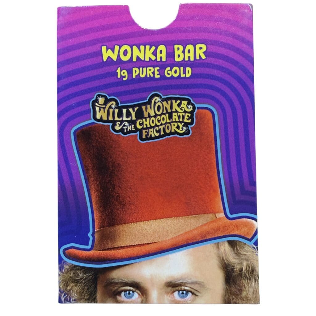 PAMP Suisse Willy Wonka 1g 999.9 gold bar in CertiPAMP packaging with chocolate bar design