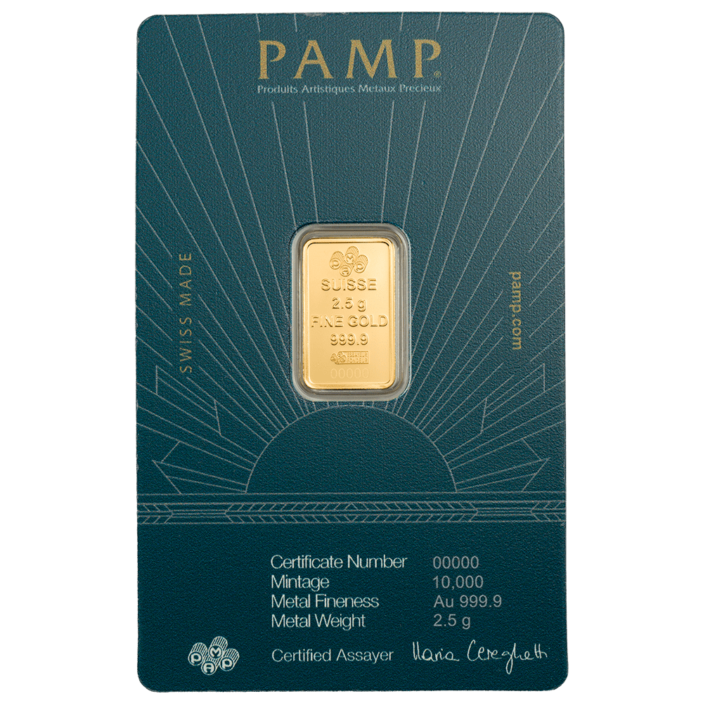 PAMP Suisse Lady of Liberty 2.5g 999.9 gold bar in sealed CertiPAMP assay packaging