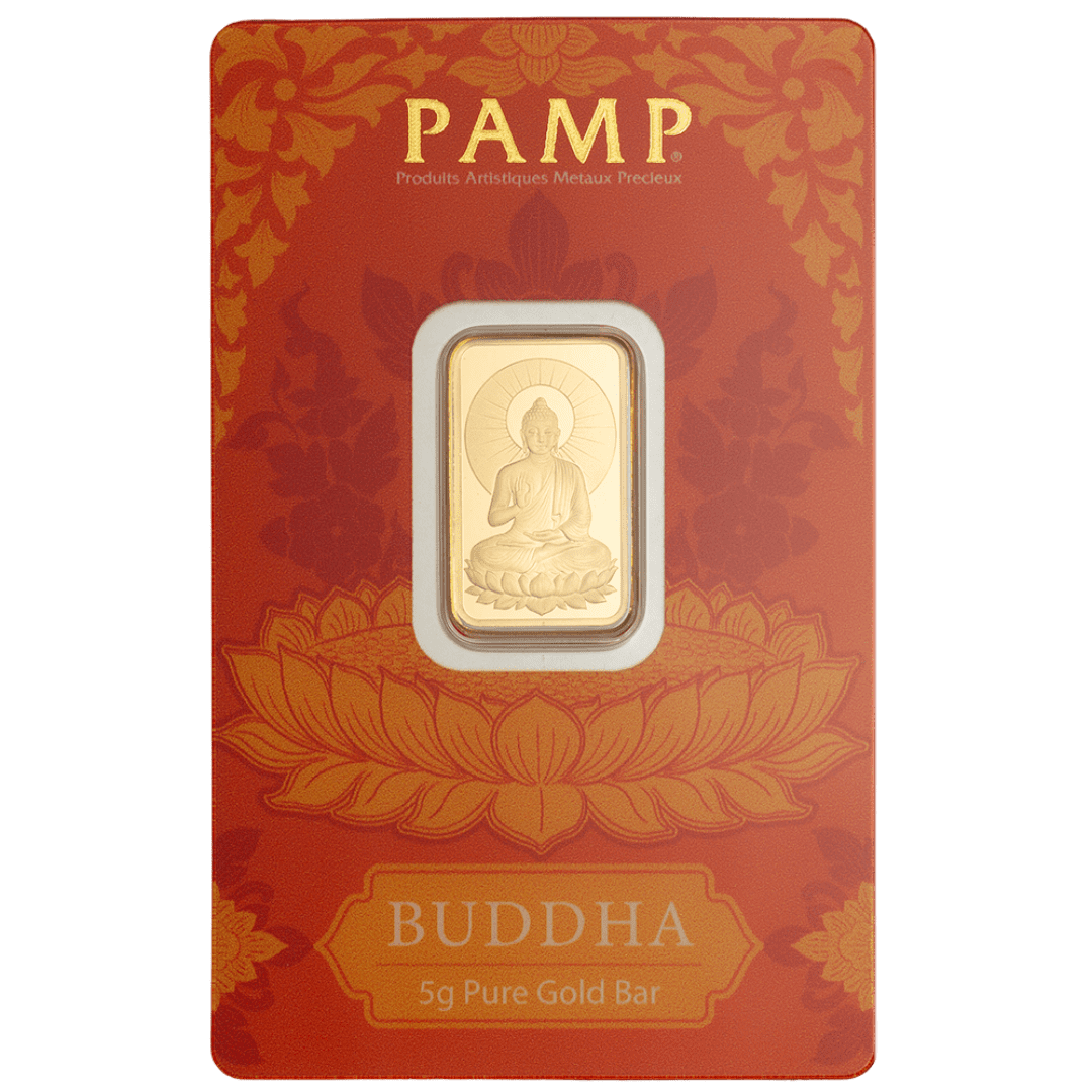PAMP Suisse Buddha with Lotus 5g 999.9 gold bar in sealed CertiPAMP assay packaging