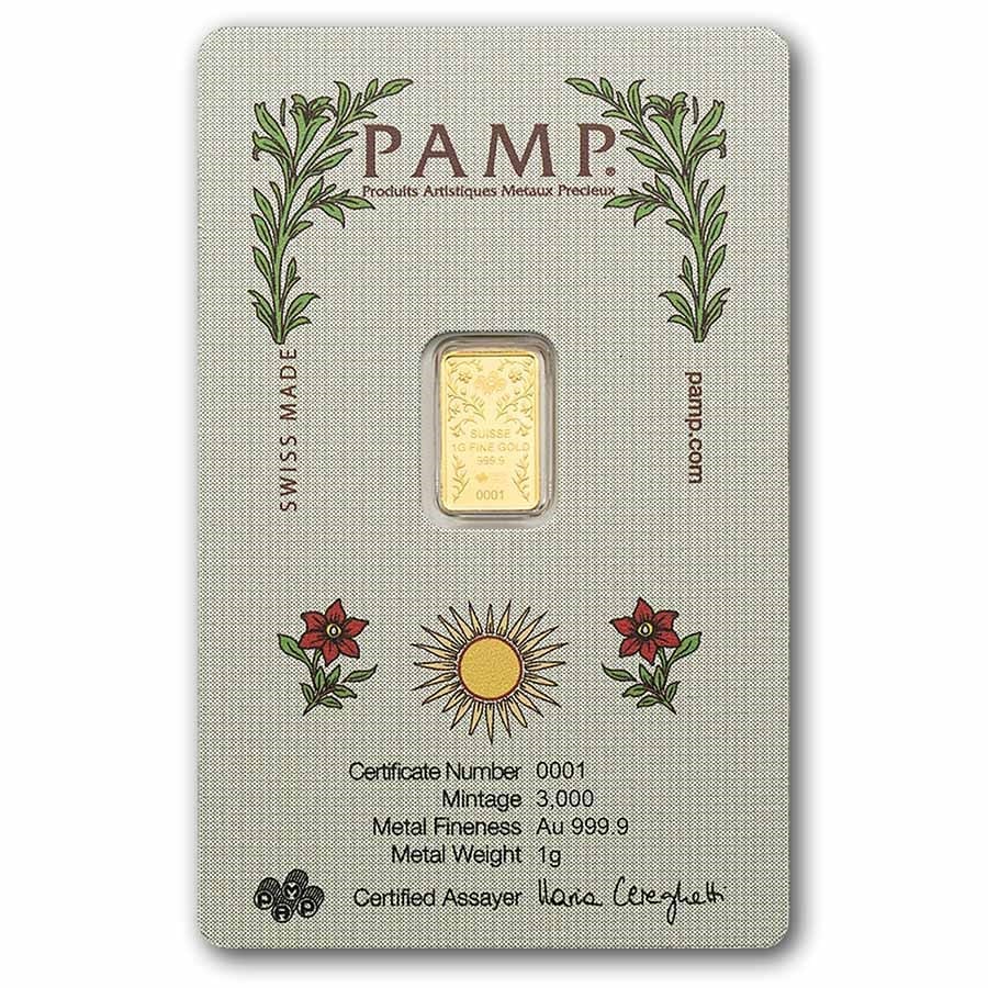 PAMP Suisse Una and the Lion 1g 999.9 gold bar in sealed CertiPAMP assay packaging