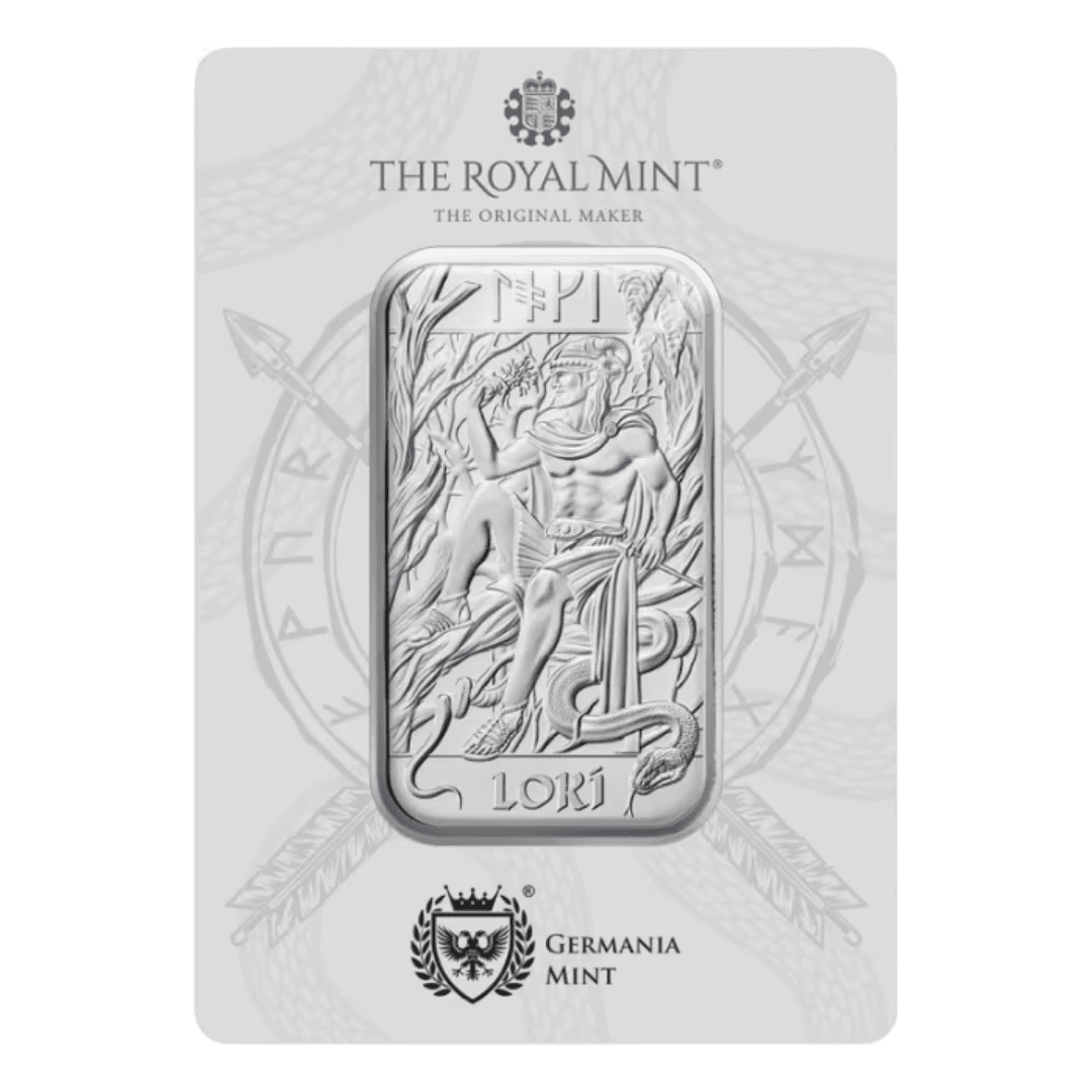 Royal Mint Norse Gods Loki 1 oz 999.9 silver bar in official display card packaging